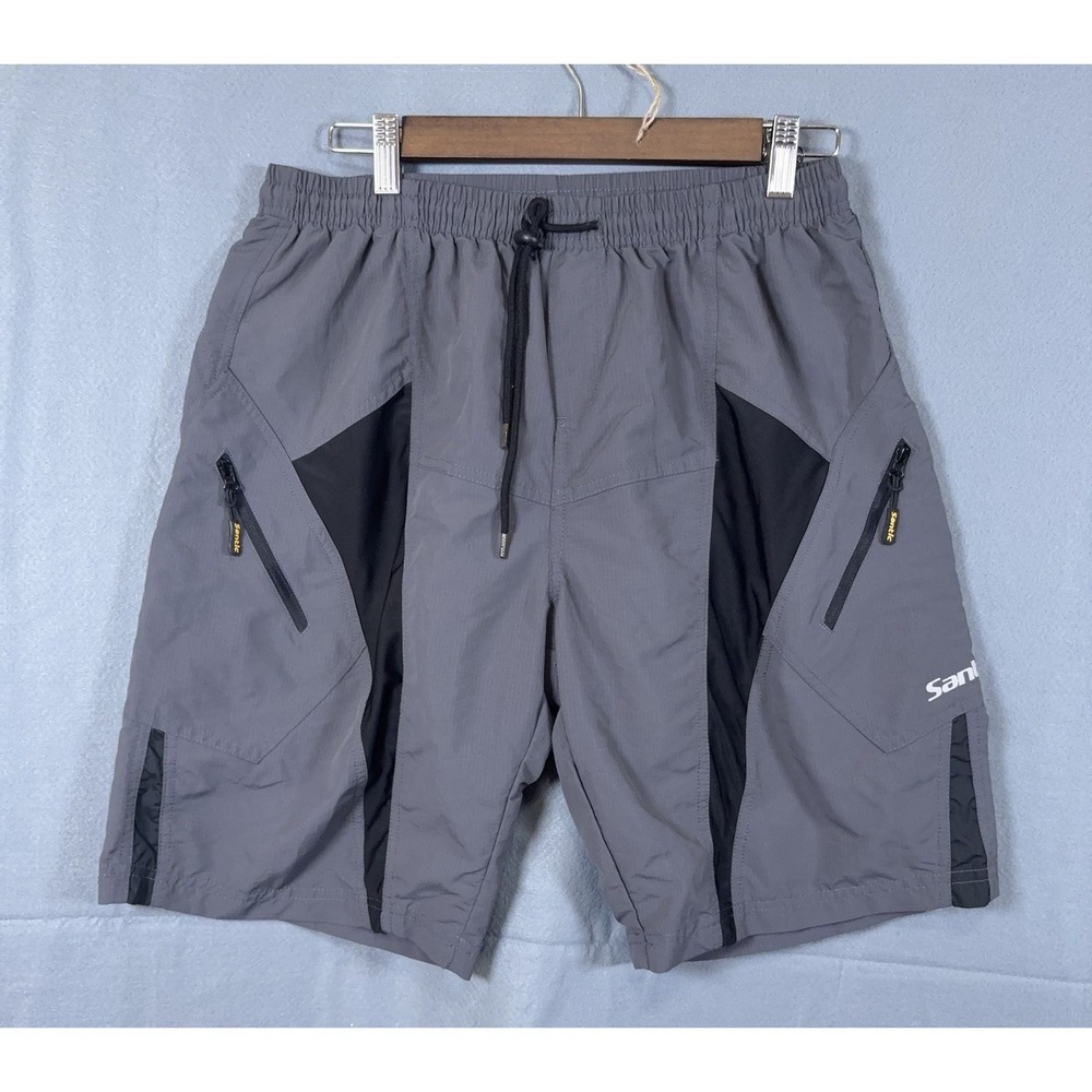 Santic Padded Cycling Shorts Mens Sz M Gray Nylon Zip Pockets Mountain Bike